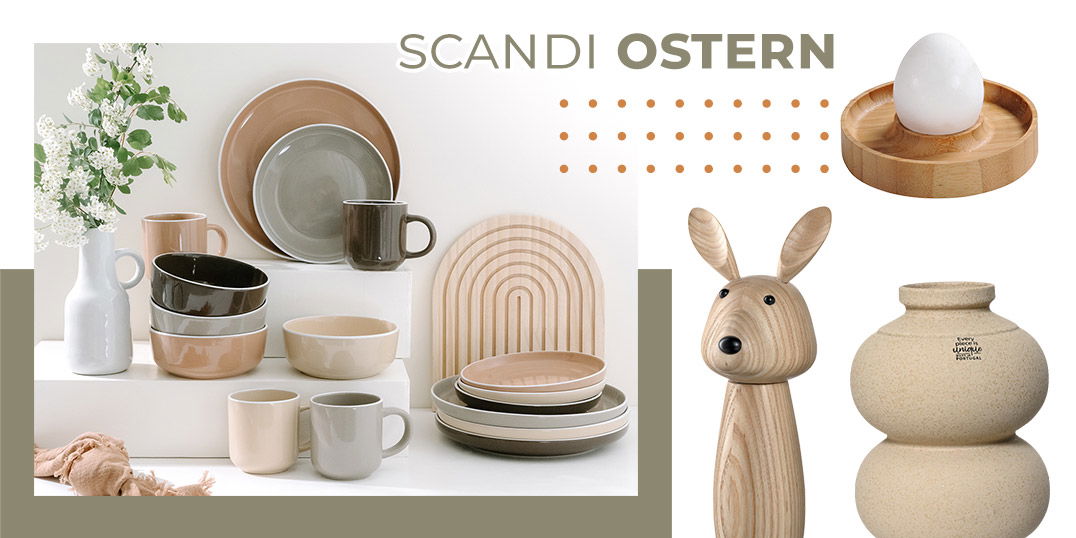 Scandi Osterdeko mit Keramikgeschirr in Naturtönen, Holz-Hasenfigur und Ei-Dekoration im minimalistischen nordischen Stil