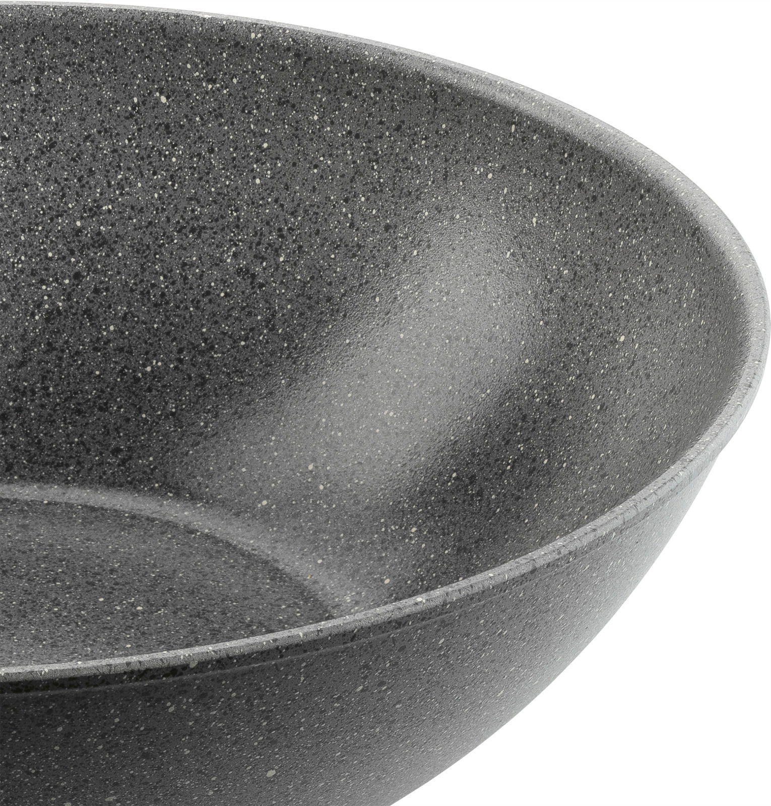 Nahaufnahme eines grauen Woks mit 30 cm Durchmesser, seitliche Perspektive