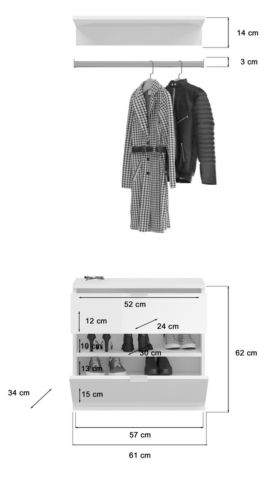 Garderobenkombination in Frontalansicht mit Kleiderstange, zwei hängenden Kleidungsstücken und einem Schuhschrank mit mehreren Fächern.