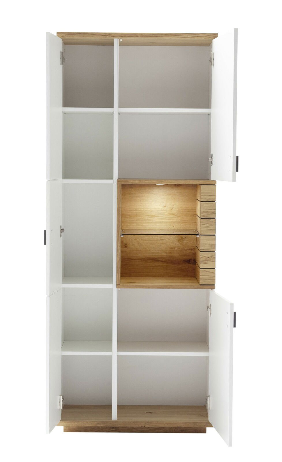 Frontale Ansicht eines Highboards mit offenen Türen, weißen Fächern und einem beleuchteten Holzfach in der Mitte.