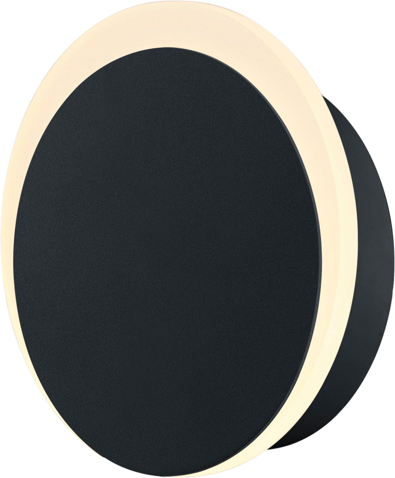 Hell Akku -Wandleuchte SUN Runde, schwarze LED-Akku-Wandleuchte mit leuchtendem Rand, seitliche Perspektive