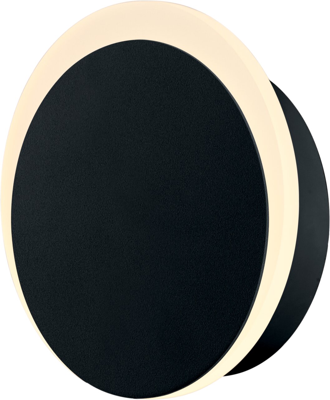 Ronde, zwarte LED-wandlamp op accu met verlichte rand, zijaanzicht