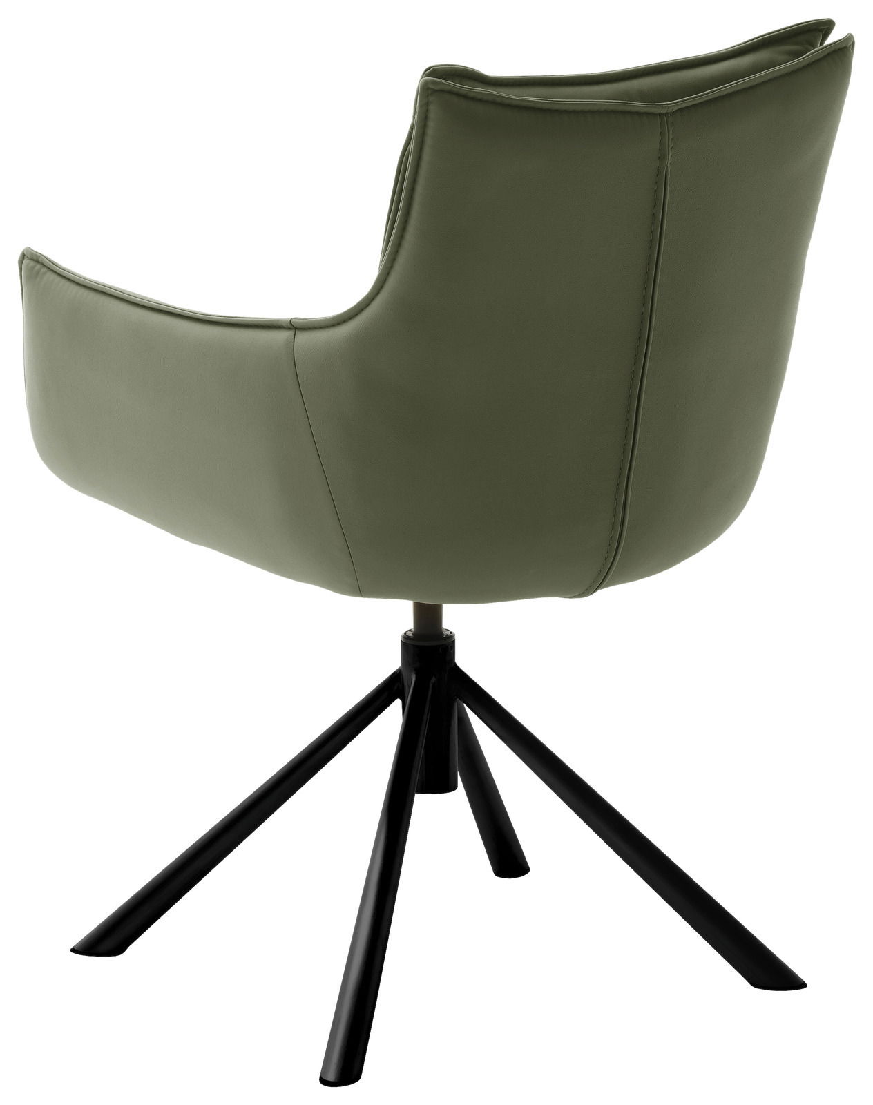 Rückansicht eines grünen Sessels mit schwarzem Metallgestell und vier Beinen.