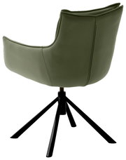 Rückansicht eines grünen Sessels mit schwarzem Metallgestell und vier Beinen.