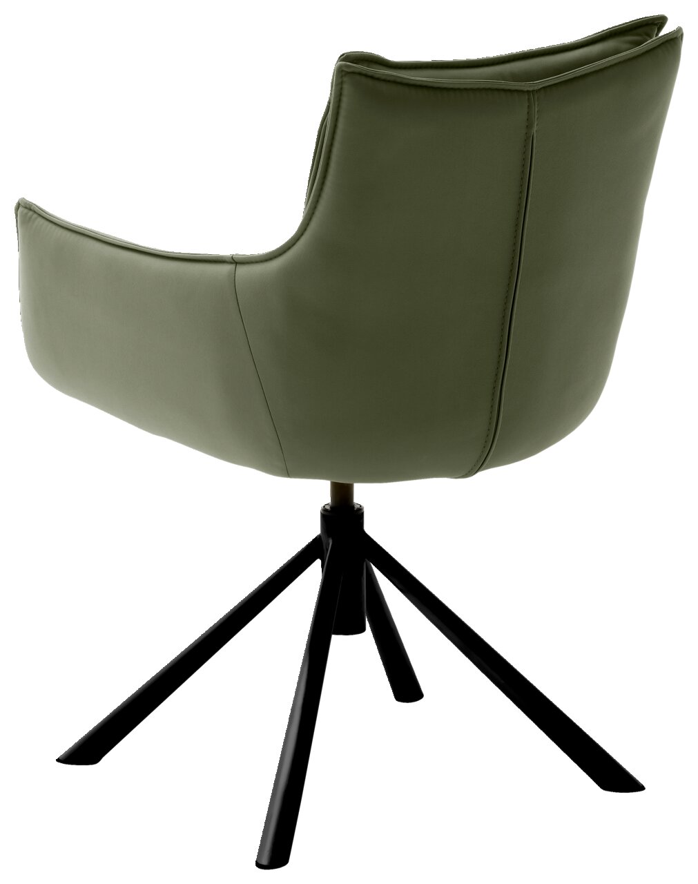 Rückansicht eines grünen Sessels mit schwarzem Metallgestell und vier Beinen.