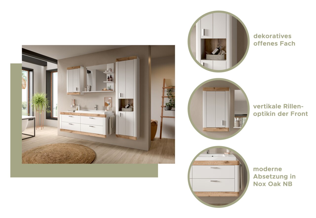 Badezimmermöbel-Set in moderner Optik mit vertikaler Rillenoptik und Nox Oak NB Akzenten, bestehend aus Hängeschrank, Waschbeckenunterschrank und Spiegel, aus der Frontalperspektive.