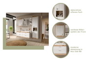 Badezimmermöbel-Set in moderner Optik mit vertikaler Rillenoptik und Nox Oak NB Akzenten, bestehend aus Hängeschrank, Waschbeckenunterschrank und Spiegel, aus der Frontalperspektive.