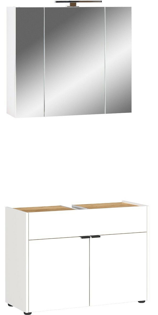 Badezimmer-Set bestehend aus einem dreitürigen Spiegelschrank und einem weißen Unterschrank mit Holzoberfläche, frontal betrachtet.