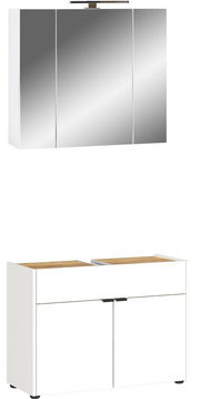 Badezimmer-Set bestehend aus einem dreitürigen Spiegelschrank und einem weißen Unterschrank mit Holzoberfläche, frontal betrachtet.