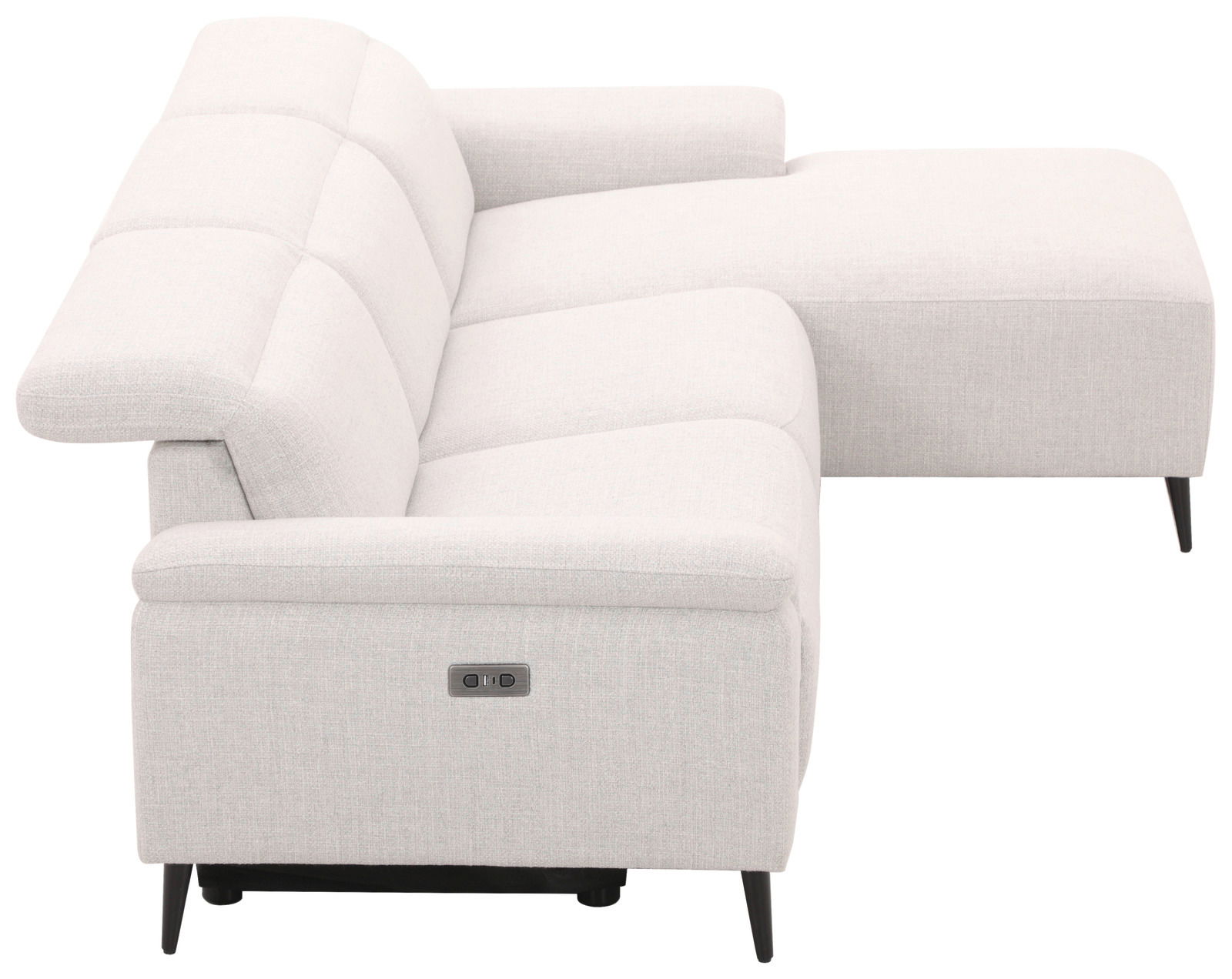 Helle Longchairkombination aus Stoff, seitliche Perspektive mit sichtbarem Bedienfeld an der Armlehne.