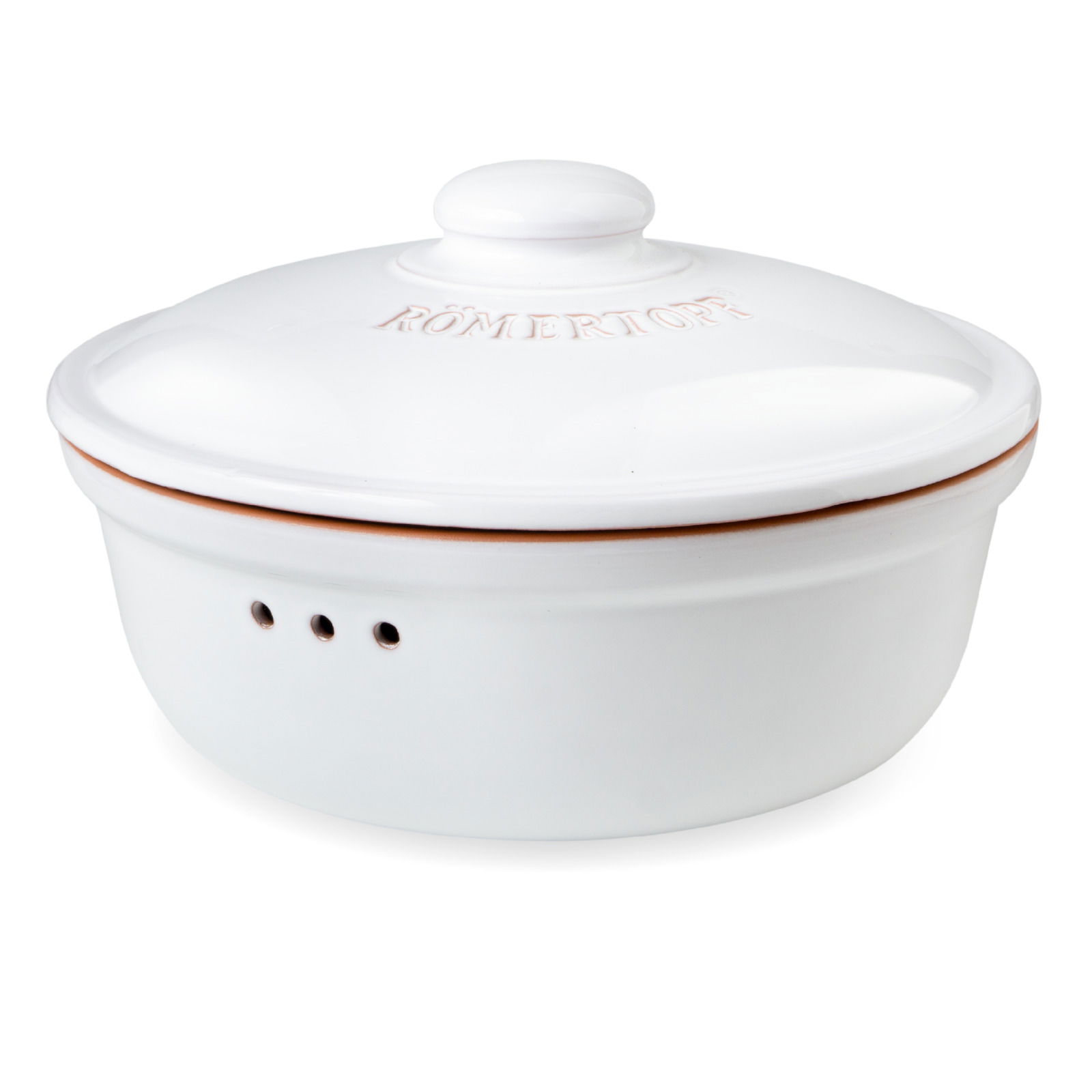 Weißer Römertopf Brot-Frischetopf mit Deckel, seitliche Perspektive