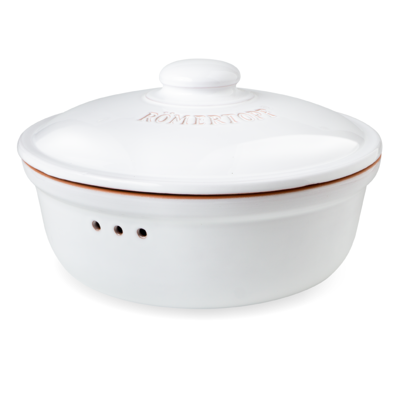 Weißer Römertopf Brot-Frischetopf mit Deckel, seitliche Perspektive