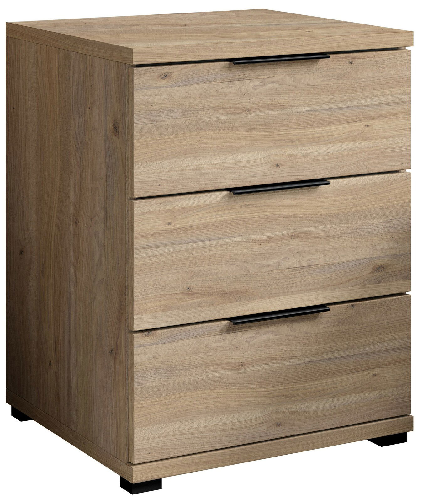 Nachtkommode aus Holz mit drei Schubladen, seitliche Perspektive