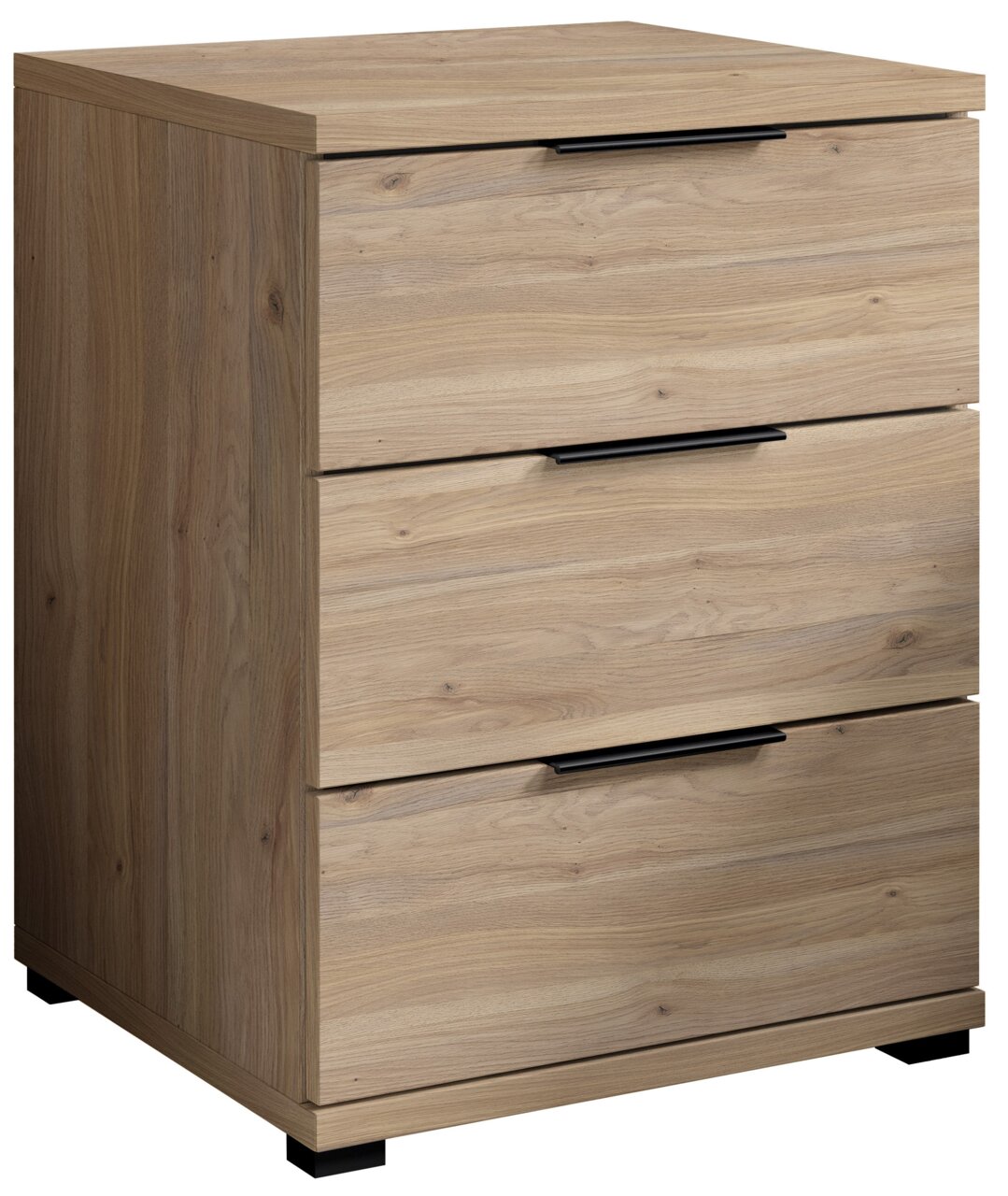 Nachtkommode aus Holz mit drei Schubladen, seitliche Perspektive