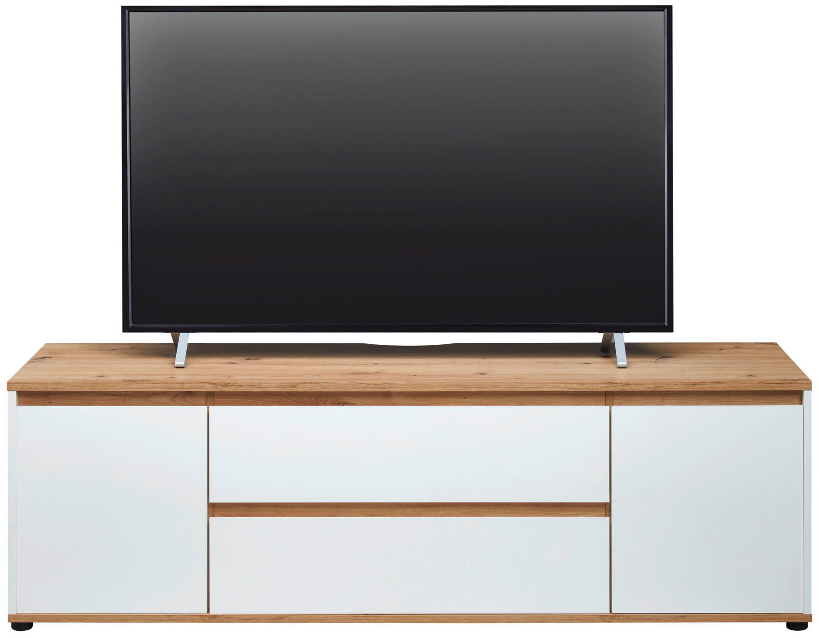 TV-Lowboard aus Holz mit weißer Frontansicht, darauf steht ein großer Flachbildfernseher.