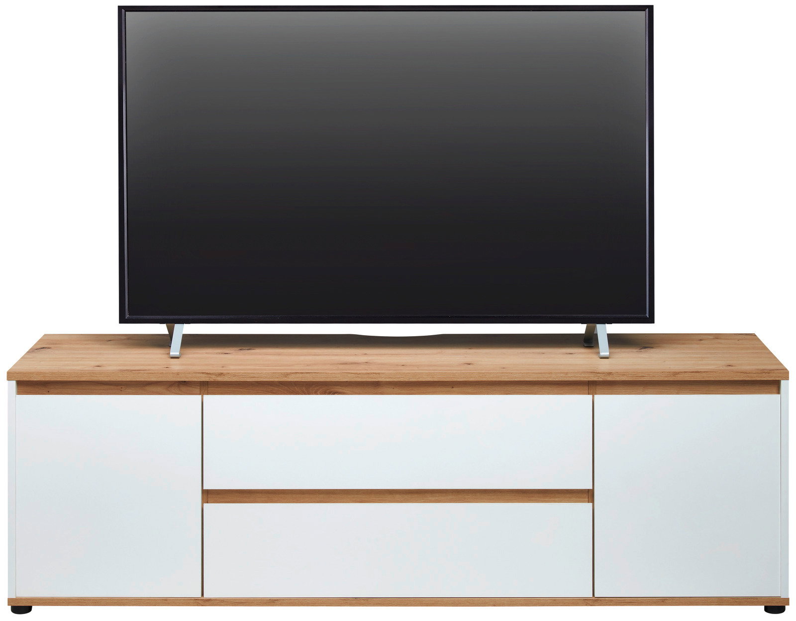 TV-Lowboard aus Holz mit weißer Frontansicht, darauf steht ein großer Flachbildfernseher.