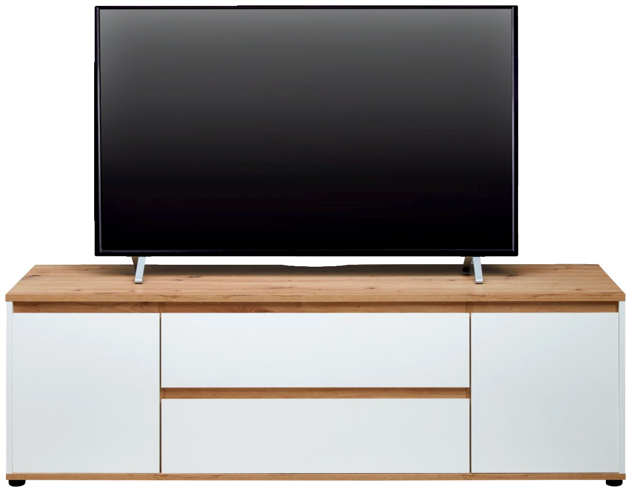 Houten tv-kast met een witte voorkant, waarop een grote flatscreen-tv staat.