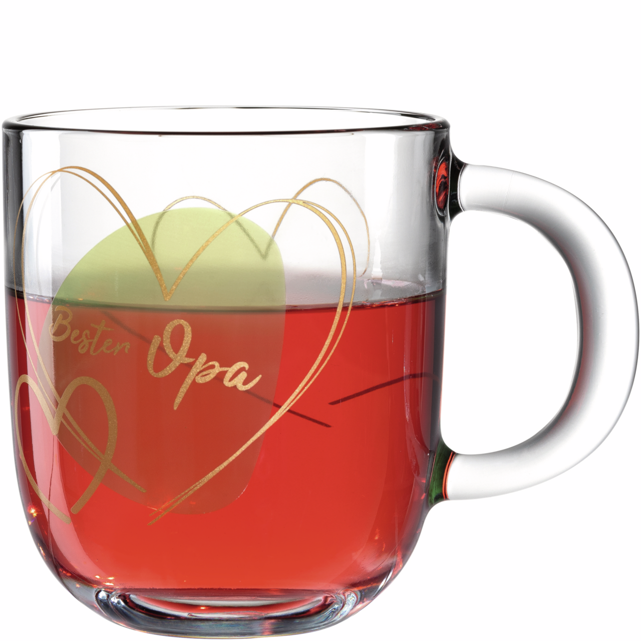 Glas-Tasse mit rotem Getränk, goldenen Herzmotiven und der Aufschrift 'Bester Opa', seitliche Perspektive