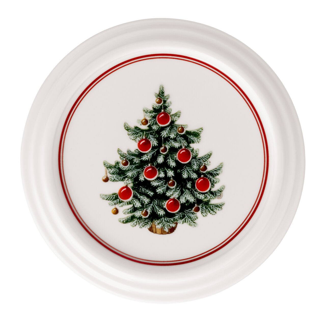 Runde weiße Platte mit einem Weihnachtsbaum-Motiv, verziert mit roten Kugeln, aus der Vogelperspektive.