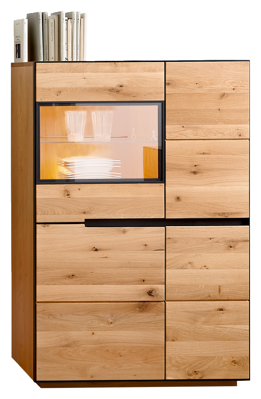 Hochwertiges Highboard aus Holz mit Beleuchtung, Bücher und Geschirr, frontale Ansicht