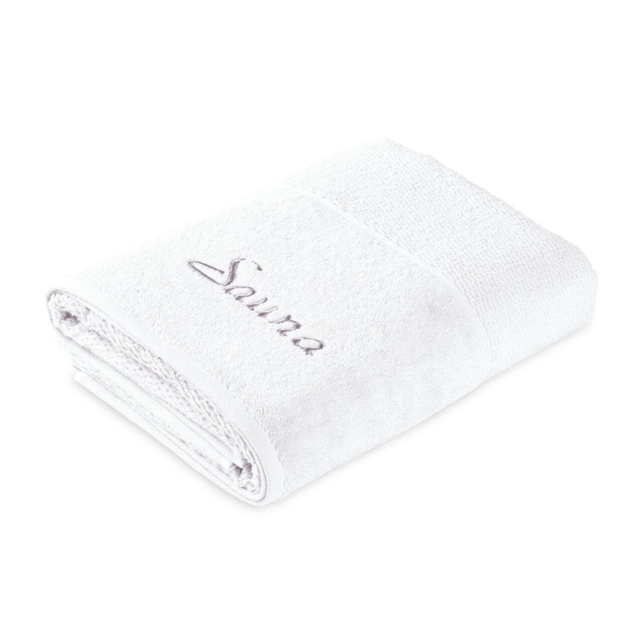Gefaltetes weißes Saunatuch mit gesticktem Schriftzug 'Sauna', seitliche Perspektive