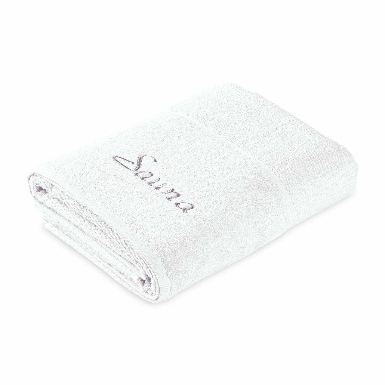 Gefaltetes weißes Saunatuch mit gesticktem Schriftzug 'Sauna', seitliche Perspektive