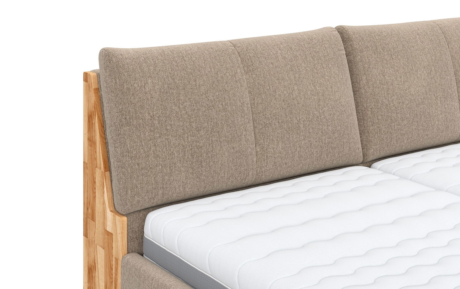 Nahaufnahme eines Polsterbetts mit beigem Kopfteil und weißer Matratze, seitliche Perspektive