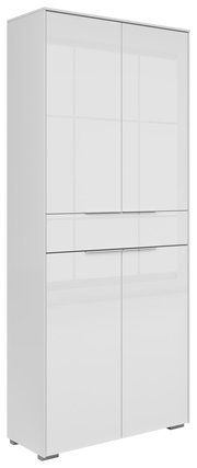 Moderner, weißer Aktenschrank mit vier Türen und einer Schublade, seitliche Perspektive