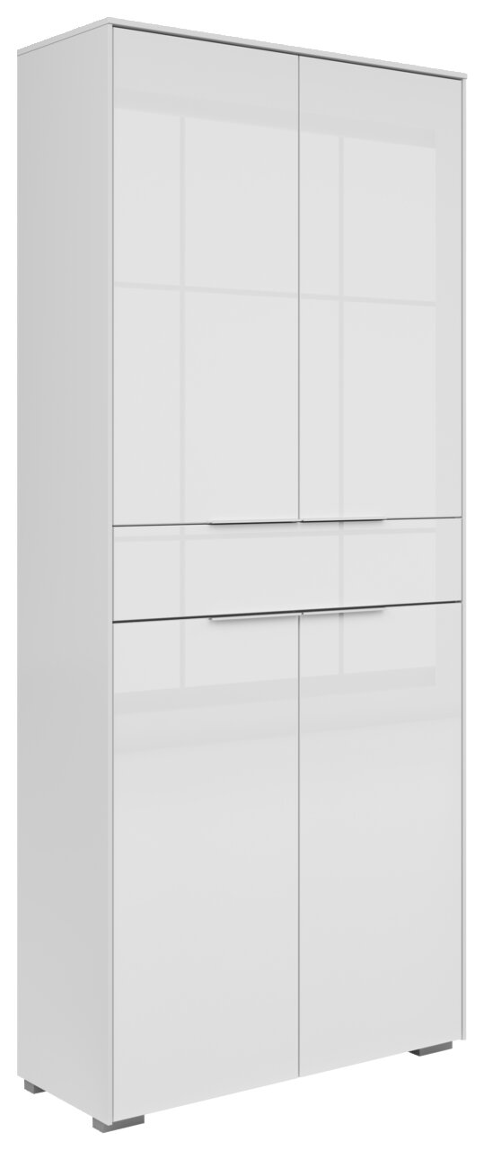 Moderner, weißer Aktenschrank mit vier Türen und einer Schublade, seitliche Perspektive