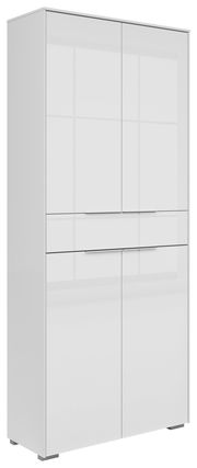 Moderner, weißer Aktenschrank mit vier Türen und einer Schublade, seitliche Perspektive