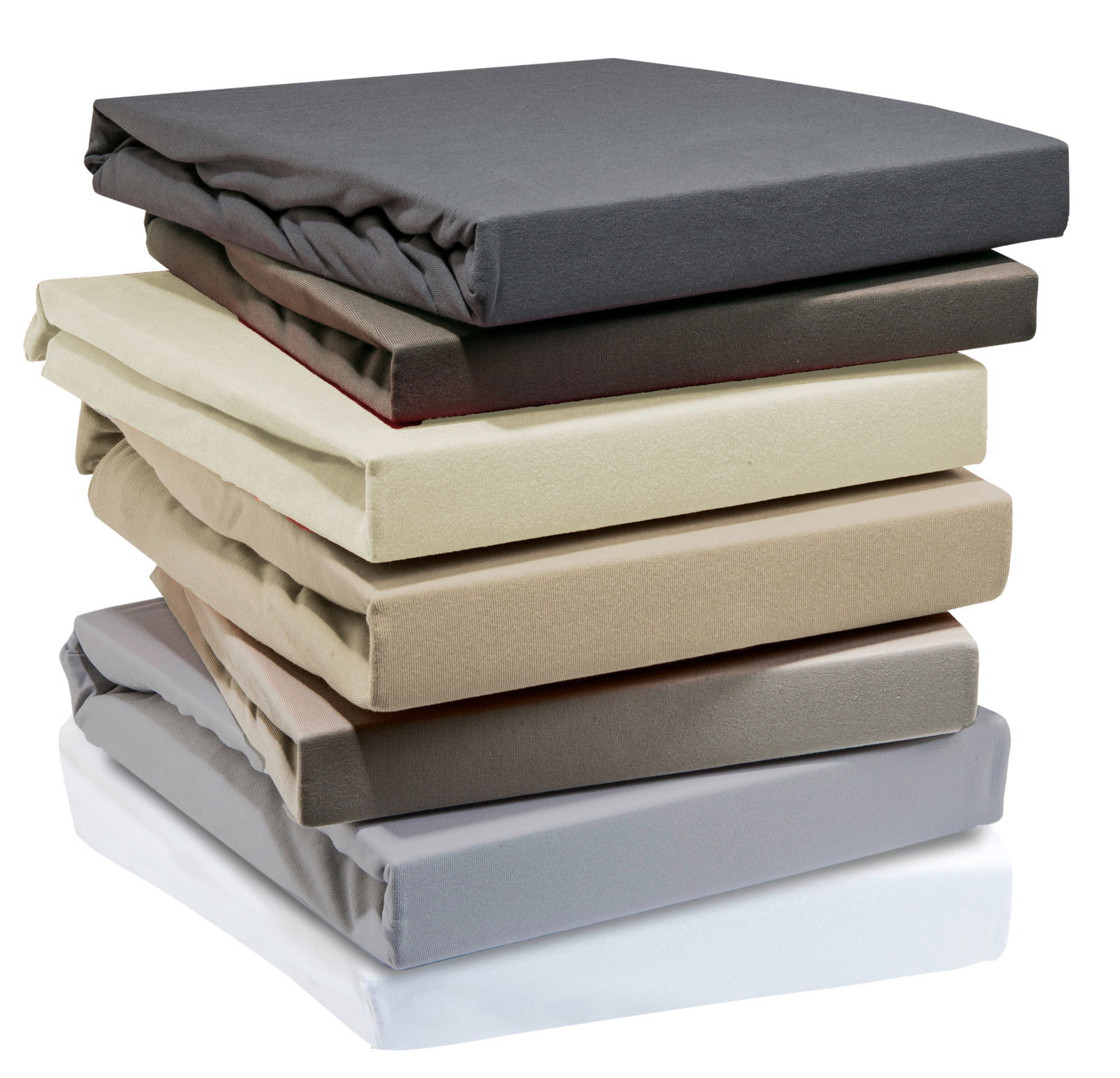 Stapel von Jersey-Spannbetttüchern in verschiedenen Farben, seitliche Perspektive