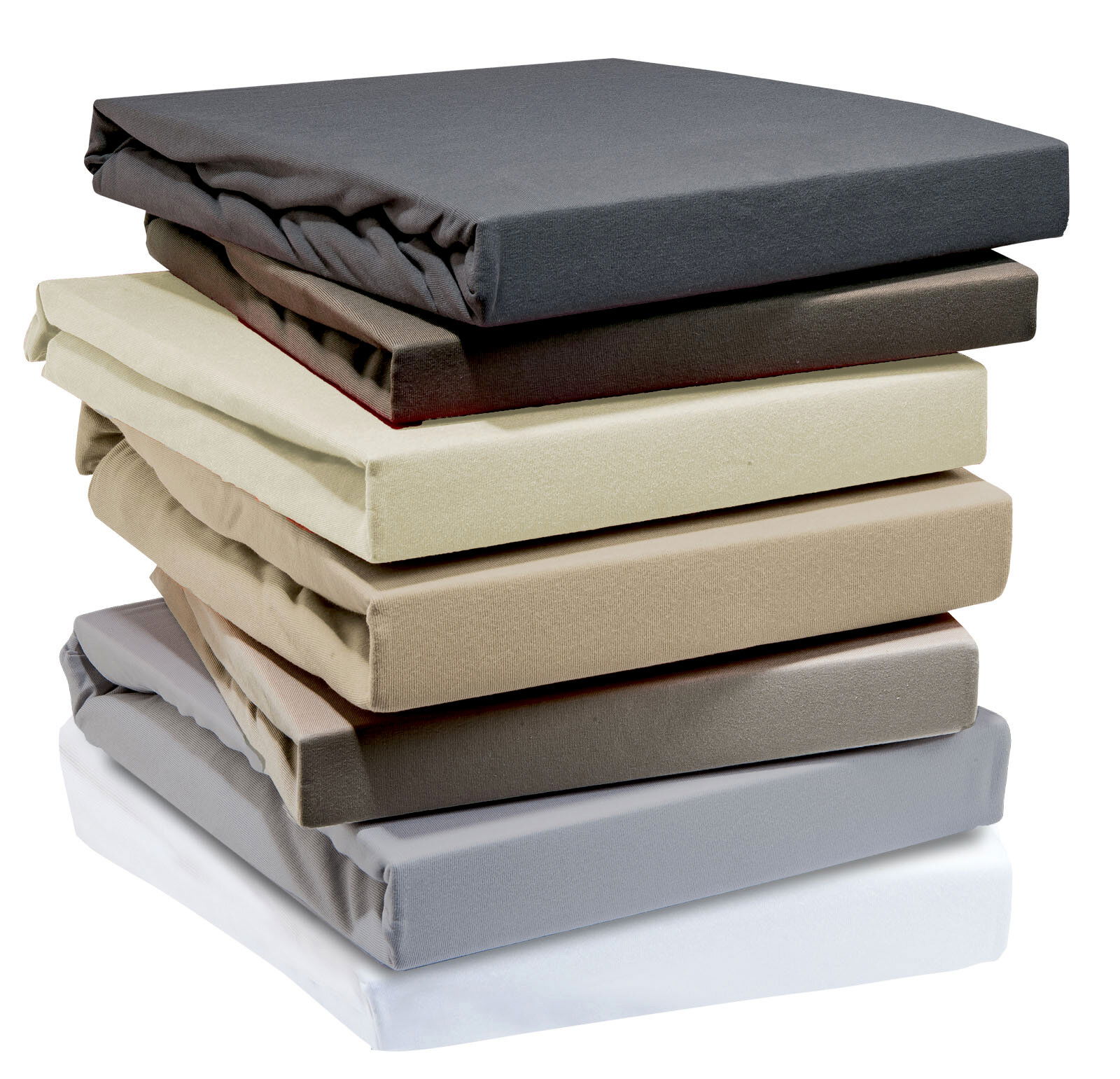 Janine Spannbetttuch JERSEY Stapel von Jersey-Spannbetttüchern in verschiedenen Farben, seitliche Perspektive