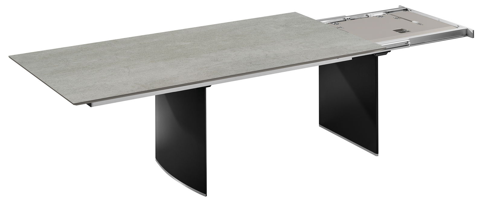 Bacher Esstisch MIRADO Moderner Esstisch mit ausziehbarer Tischplatte in Betonoptik, seitliche Perspektive.