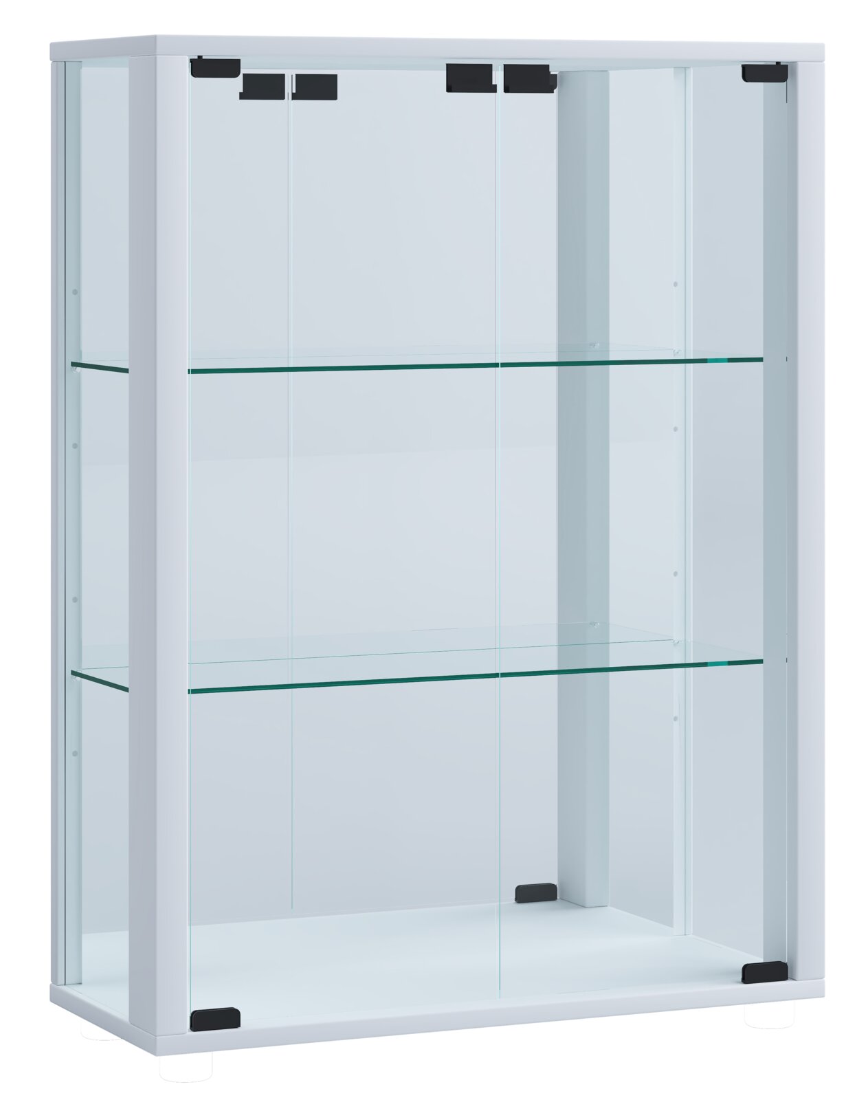 Weiße Glasvitrine mit zwei Glasböden und transparenten Glastüren, frontale Produktansicht leicht von links.