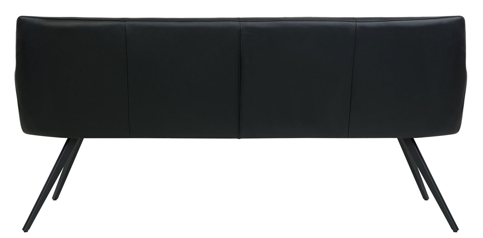 Rückansicht einer schwarzen Bank mit schrägen Metallbeinen