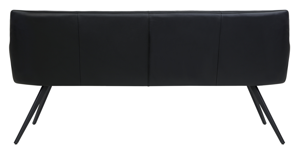 Rückansicht einer schwarzen Bank mit schrägen Metallbeinen