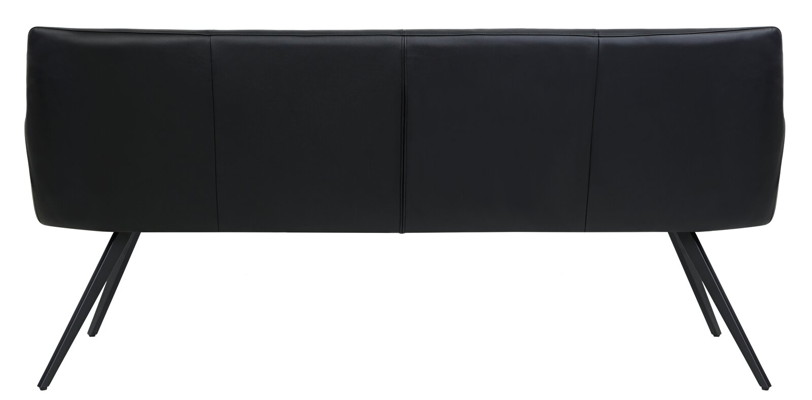 Rückansicht einer schwarzen Bank mit schrägen Metallbeinen