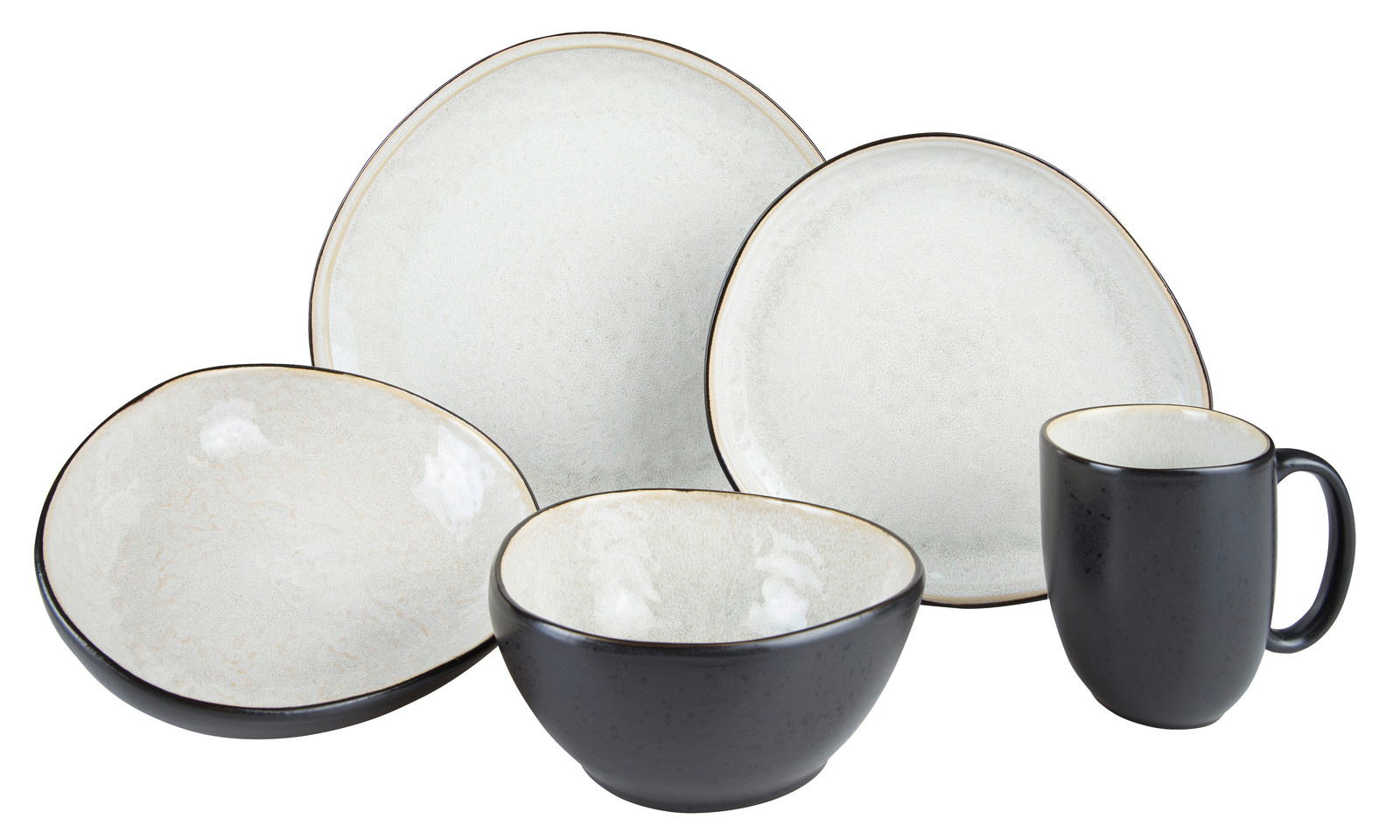 Kombiset Sören grau 10-teilig, bestehend aus Tellern, Schalen und einer Tasse, aus einer leicht erhöhten Perspektive fotografiert.