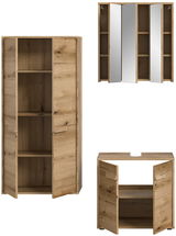 Badkombination aus Holz mit Spiegelschrank, Unterschrank und Hochschrank, aus der Frontansicht.