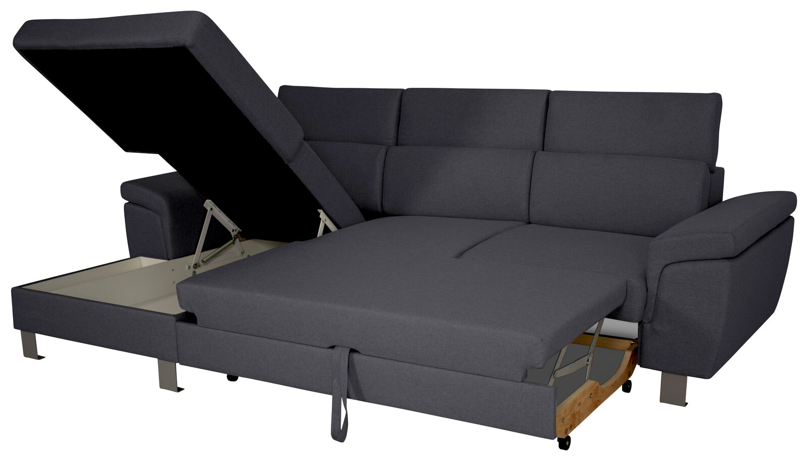 Graues Ecksofa mit ausgeklapptem Bettmechanismus, seitliche Perspektive