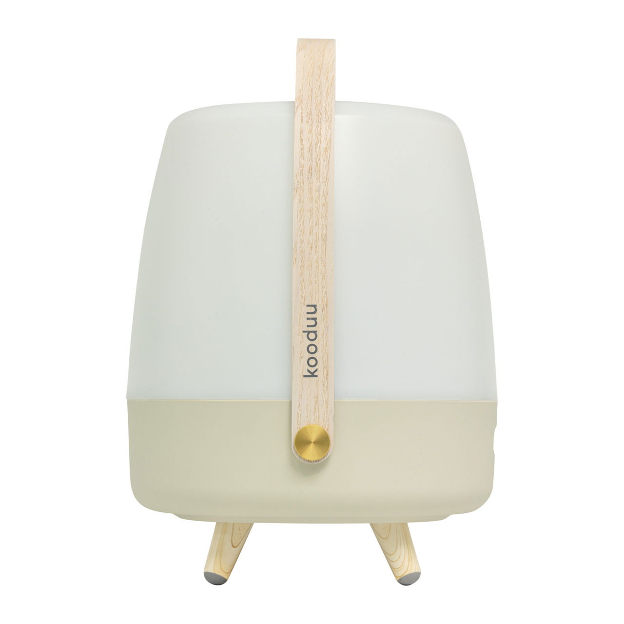 Frontansicht einer tragbaren Lampe mit Holzgriff und dreibeinigem Standfuß, Modell Lite-up Play JBL Sand.