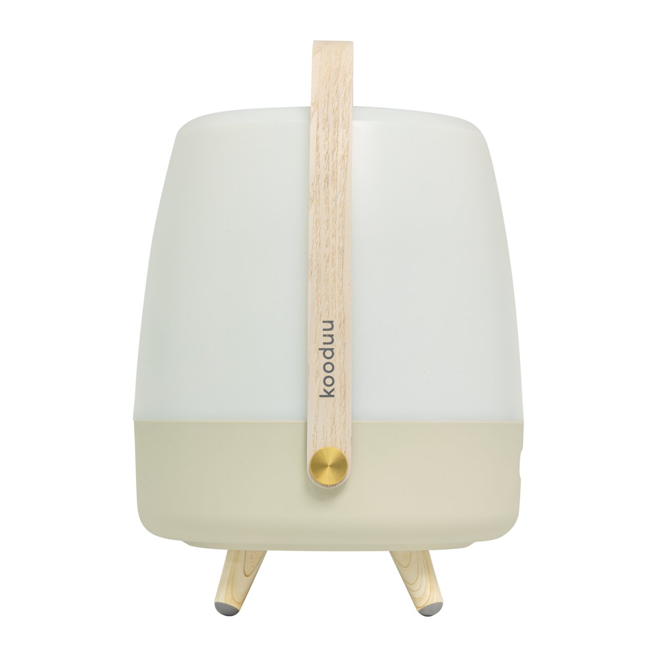 Frontansicht einer tragbaren Lampe mit Holzgriff und dreibeinigem Standfuß, Modell Lite-up Play JBL Sand.