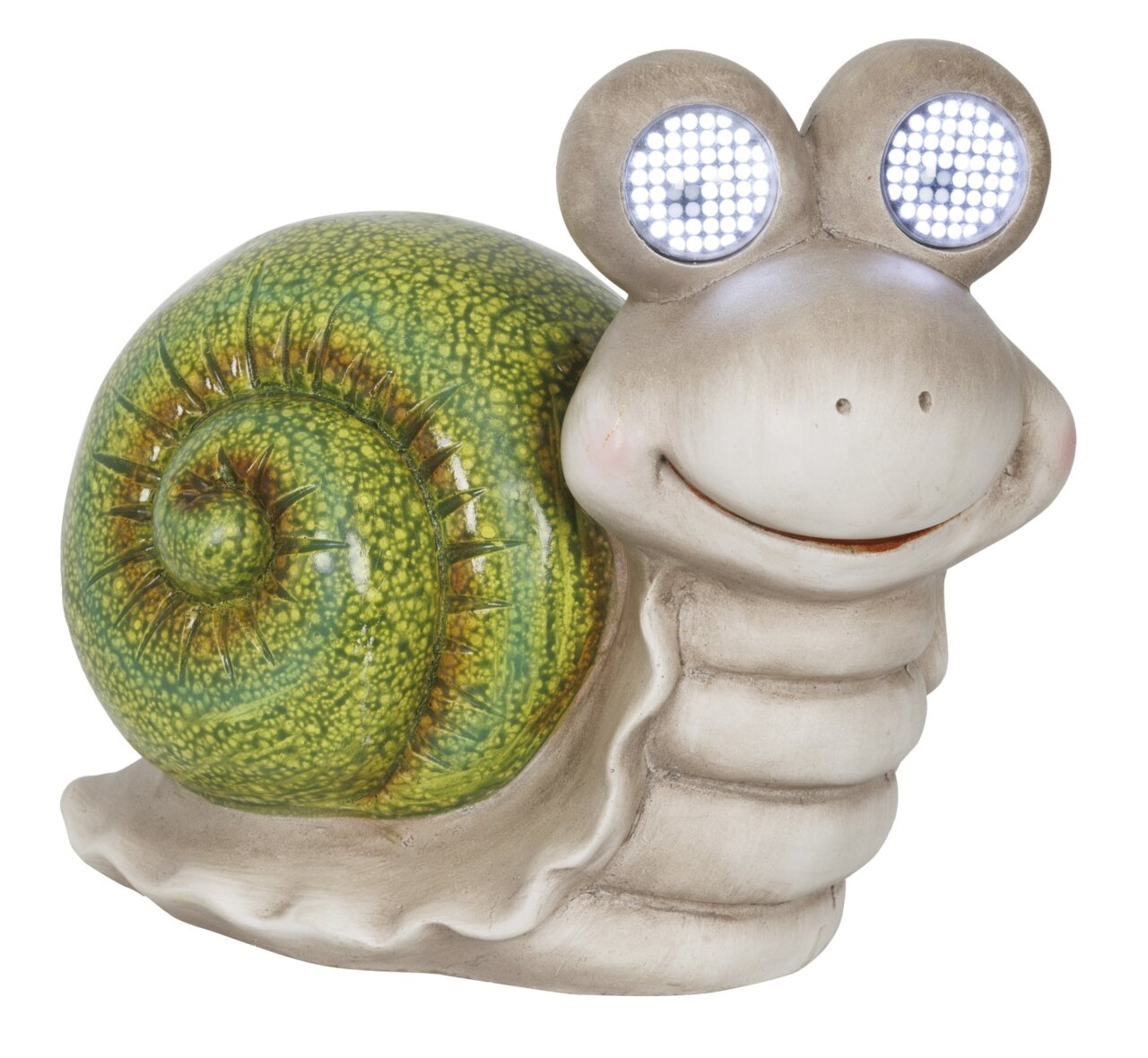 Solarbetriebene Schnecke aus Polyresin mit leuchtenden Augen, seitliche Perspektive