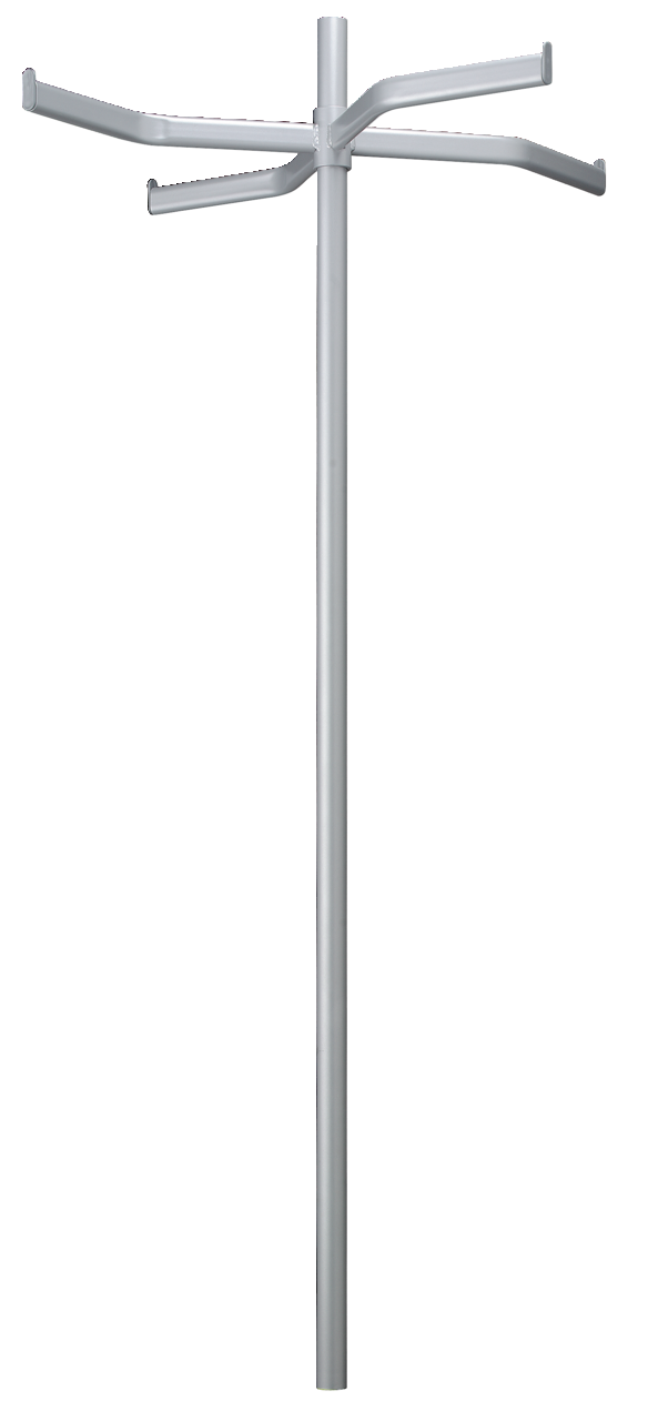 Silbernes Drehkreuz aus Metall, frontal abgebildet mit vier Armen.