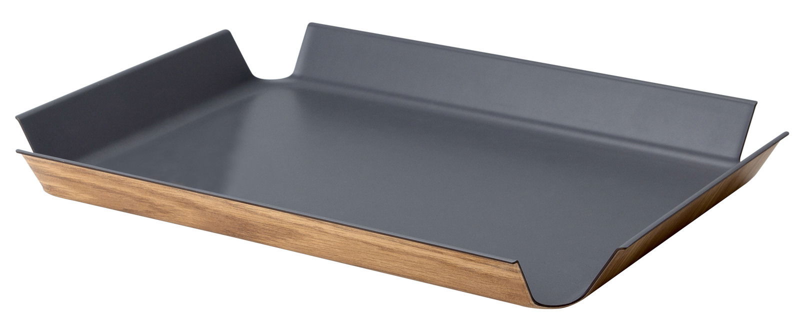 Rutschfestes Tablett in Grau mit Holzoptik, seitliche Perspektive