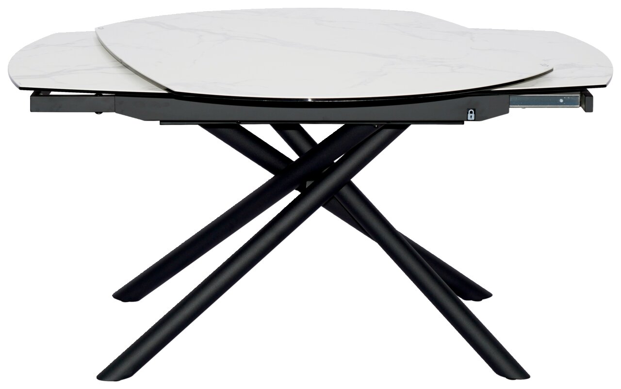 Novel Esstisch BINZ Moderner Esstisch mit ausziehbarer weißer Tischplatte und schwarzen, überkreuzten Beinen, seitliche Perspektive.