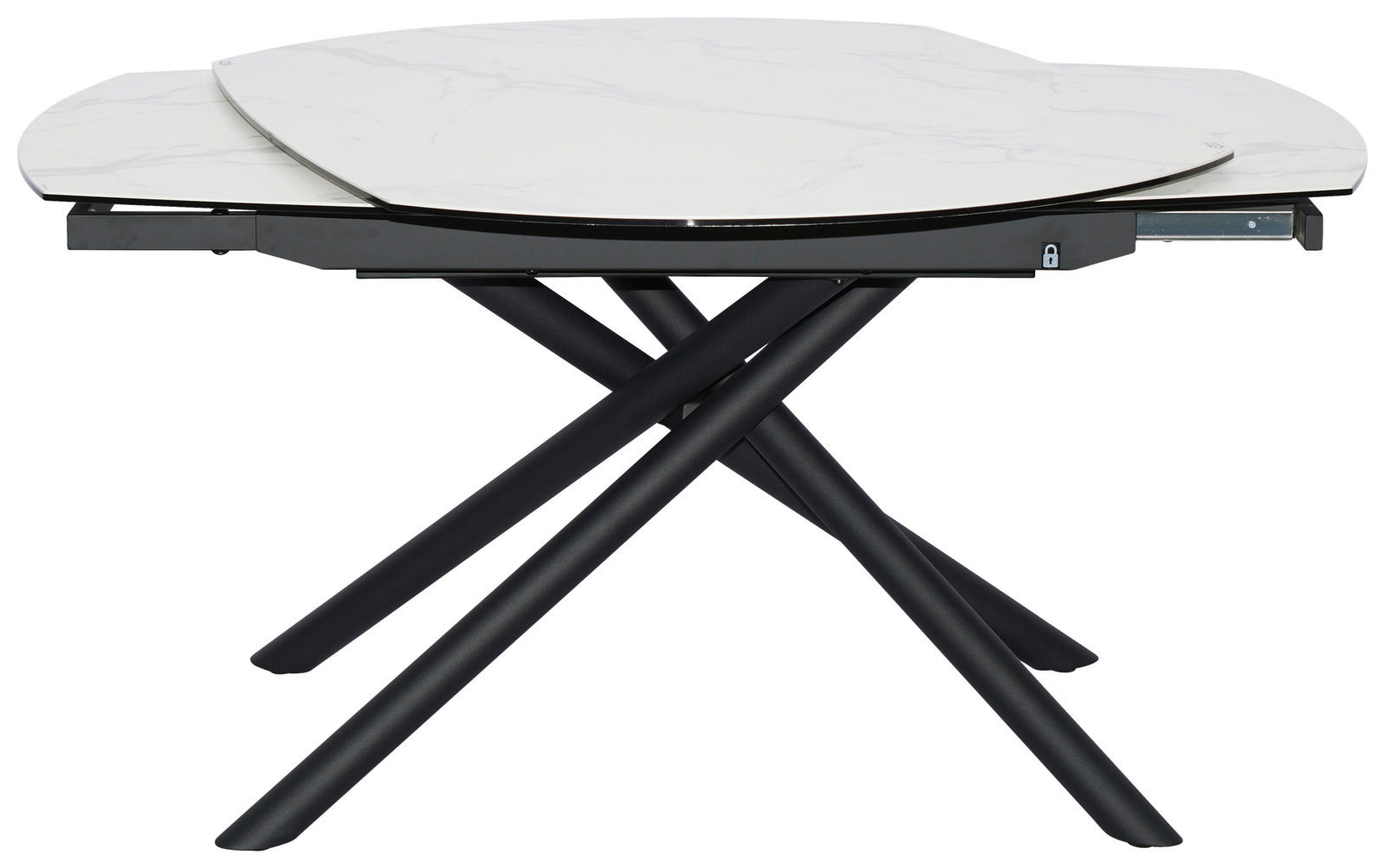 Moderner Esstisch mit ausziehbarer weißer Tischplatte und schwarzen, überkreuzten Beinen, seitliche Perspektive.