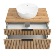 Waschtisch-Set 80 cm mit Holzoptik, runder weißer Waschbeckenaufsatz und zwei offene Schubladen, Ansicht von oben