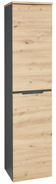 Schmaler Aktenschrank in Holzoptik mit zwei Türen, seitliche Perspektive