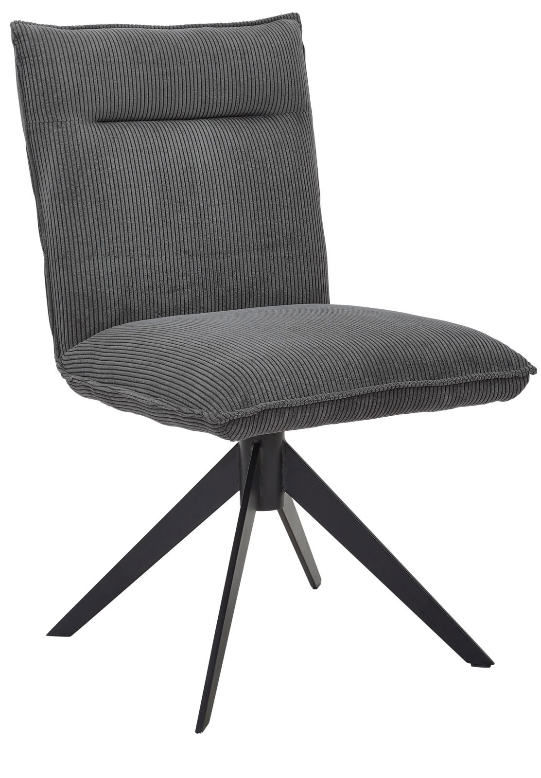 Grauer, moderner Stuhl mit gestepptem Stoffbezug und schwarzem Metallgestell, seitliche Perspektive